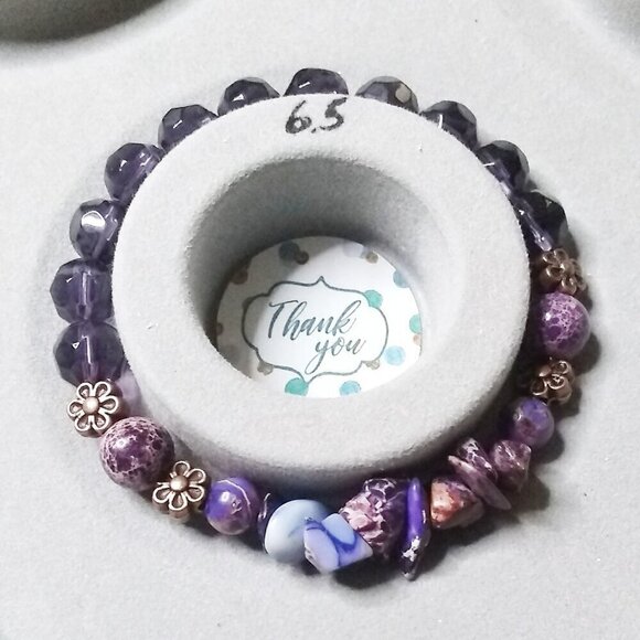 🍂🍁🍃 3/$25!!! Purple Semi-Precious Stone & Glass Beads Bracelet 6-6.5" - Picture 5 of 10